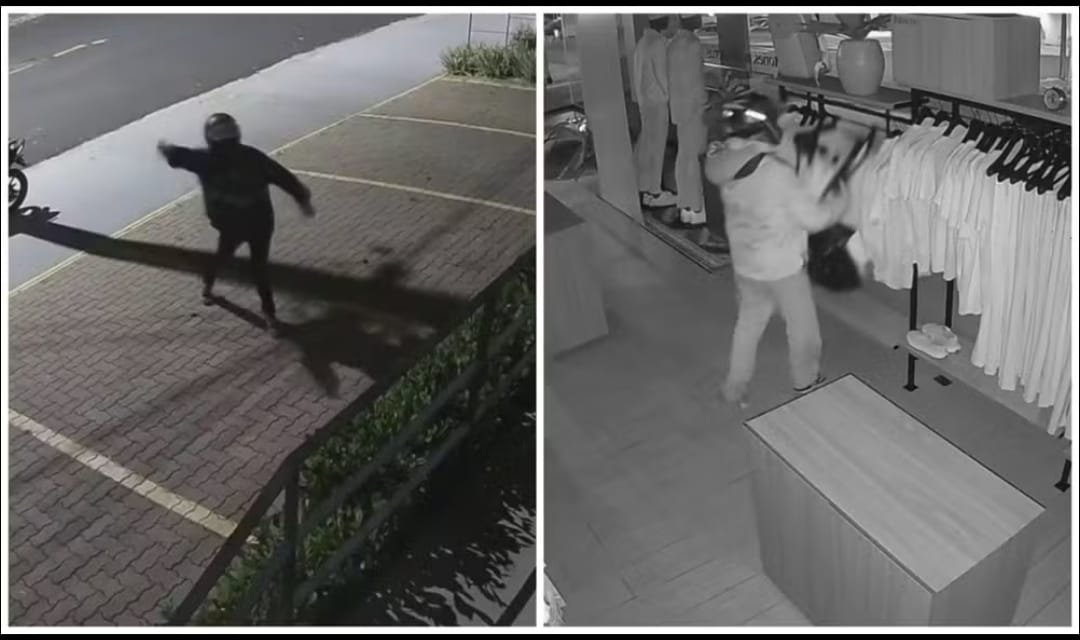 Dupla quebra vitrine com pedra e furta roupas de loja em Araraquara